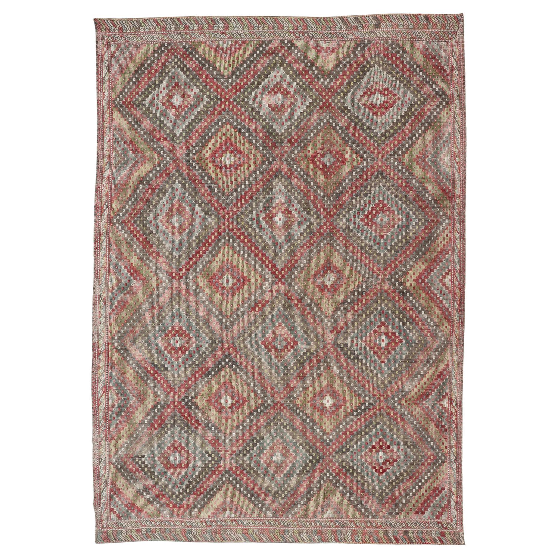 Vintage Turkish Kilim Rug in Red, Beige, and Olive Diamond Pattern 7
1 x 11
0