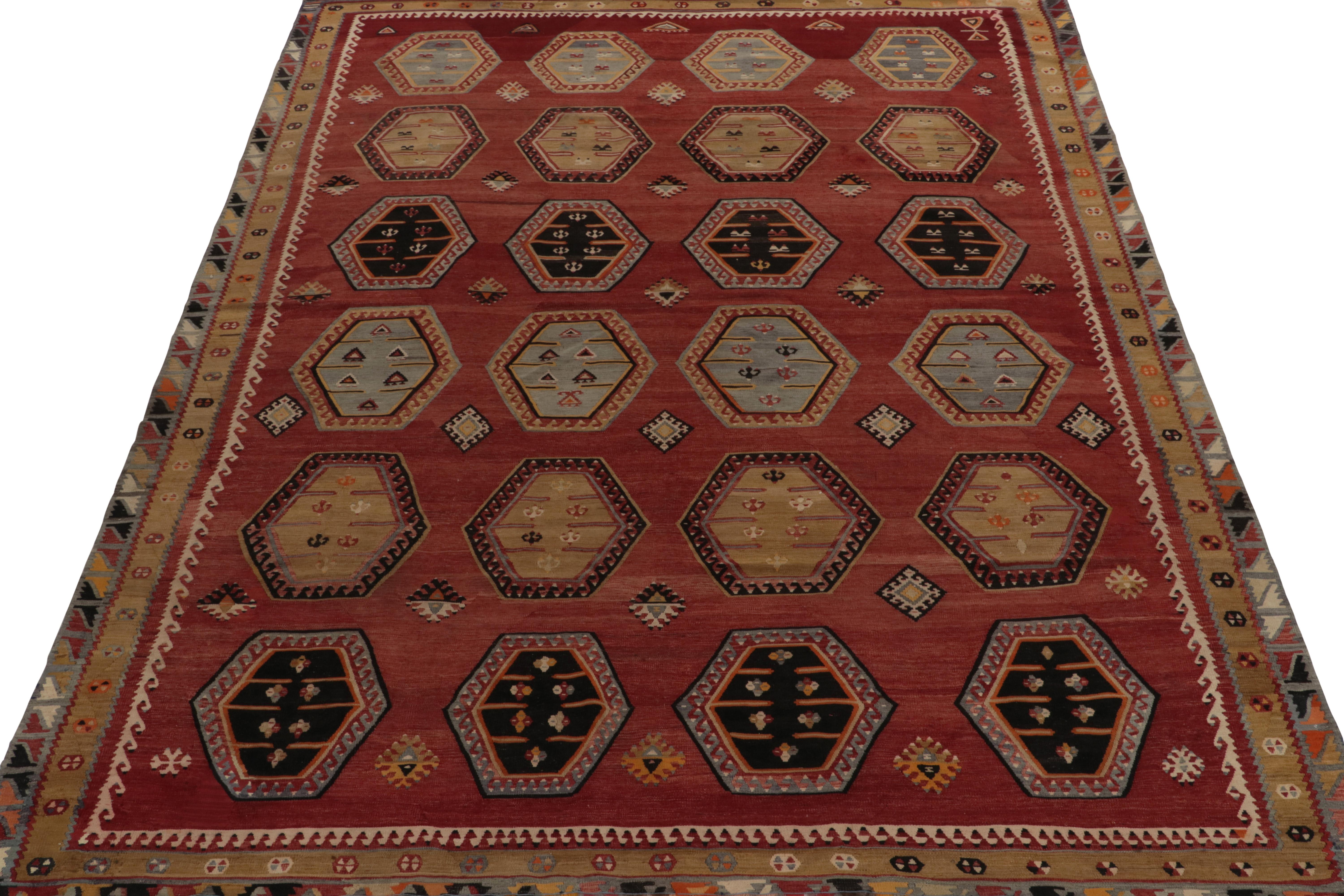 Hand-Woven Vintage Turkish Kilim rug in Red, Brown Blue Geometric Patterns by Rug & Kilim For Sale