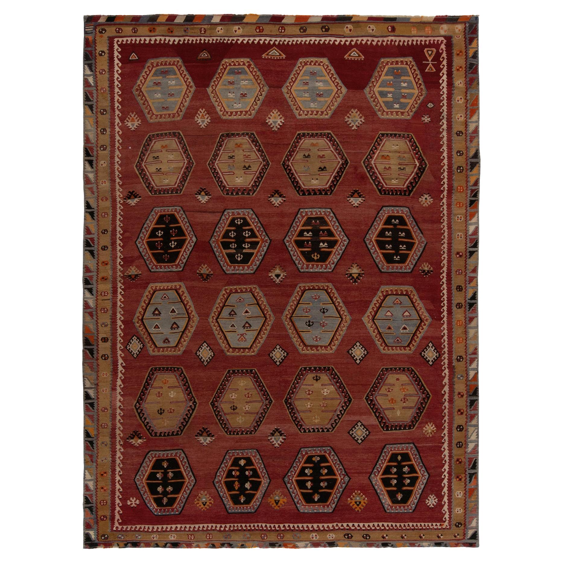 Vintage Turkish Kilim rug in Red, Brown Blue Geometric Patterns by Rug & Kilim For Sale