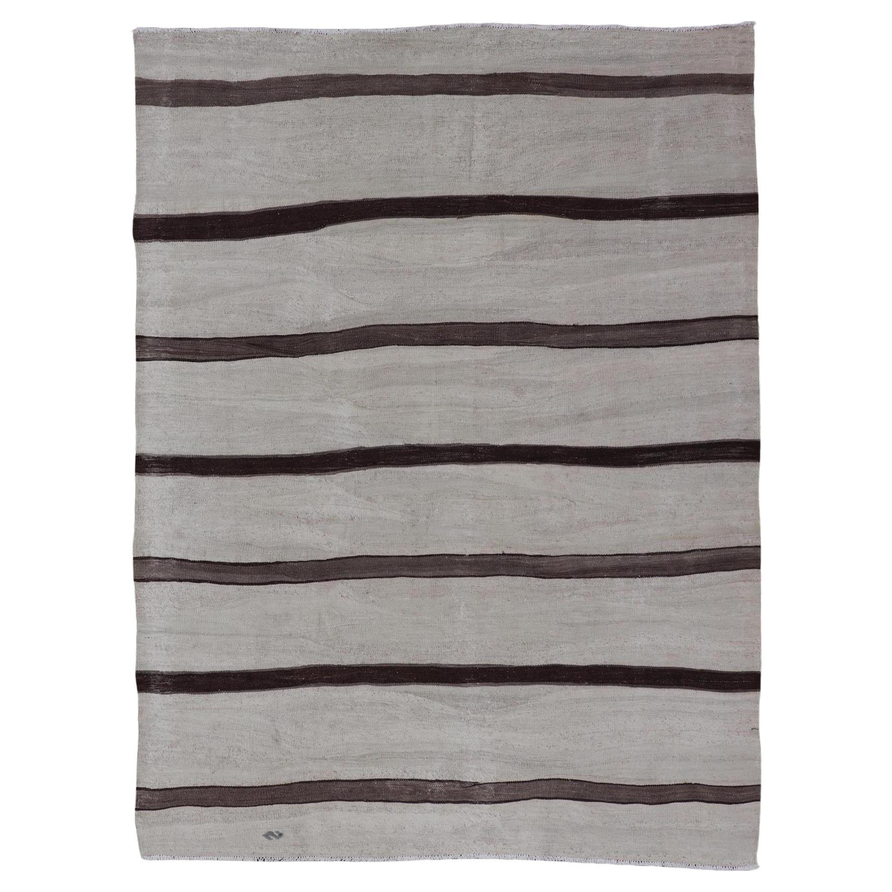 Vintage Turkish Kilim Rug in Soft Beige and Dark Brown Stripes