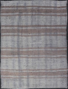 Alfombra Kilim Turca Vintage en Tejido Plano de Rayas Grises y Marrones Suaves 2'6 x 3'6