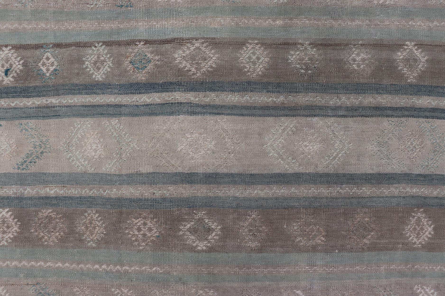 20th Century Vintage Turkish Kilim Rug In Soft Pastel Stripes and Geometric Patten 5'3 x 9'9 For Sale