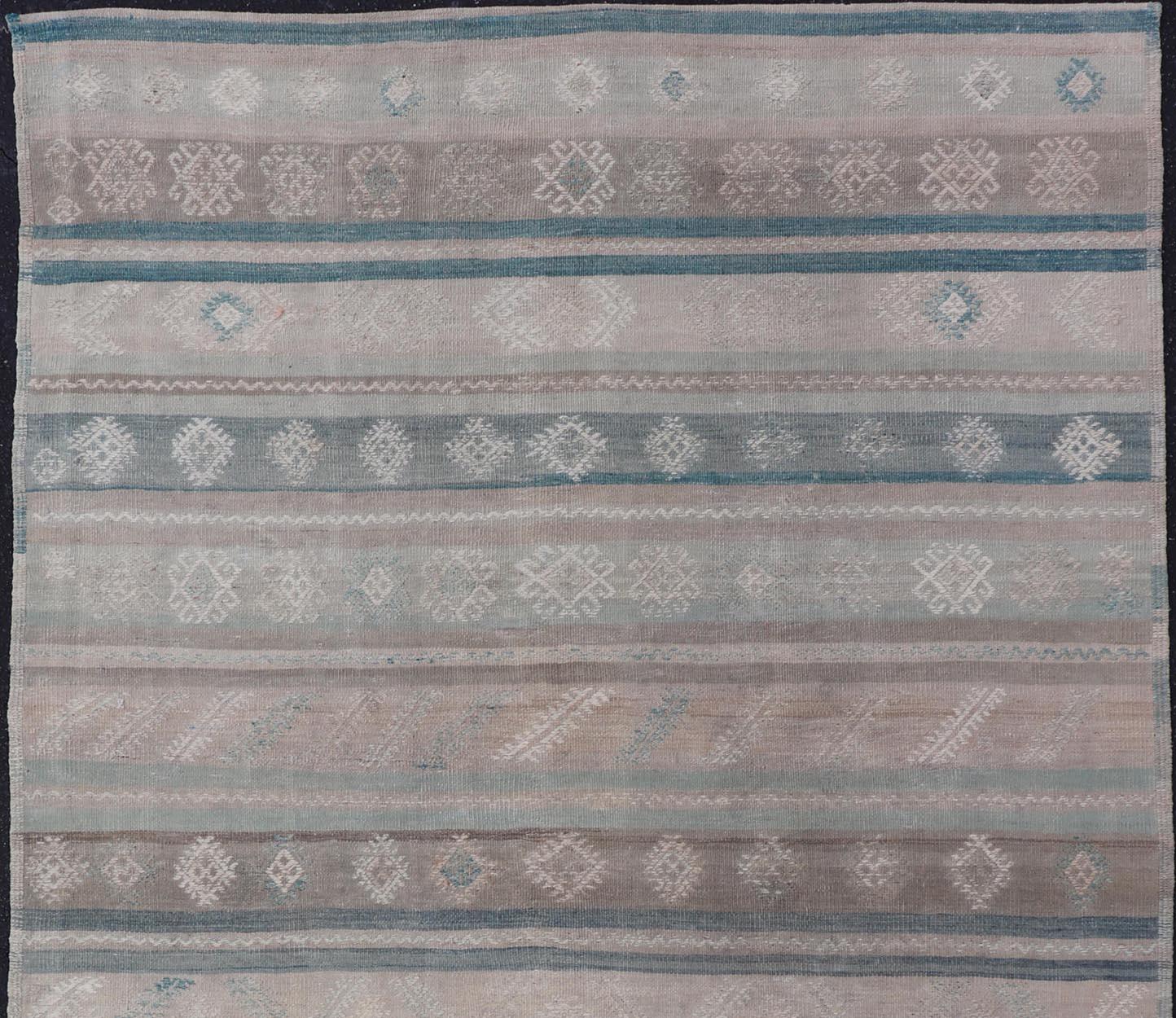 Vintage Turkish Kilim Rug In Soft Pastel Stripes and Geometric Patten 5'3 x 9'9 For Sale 1