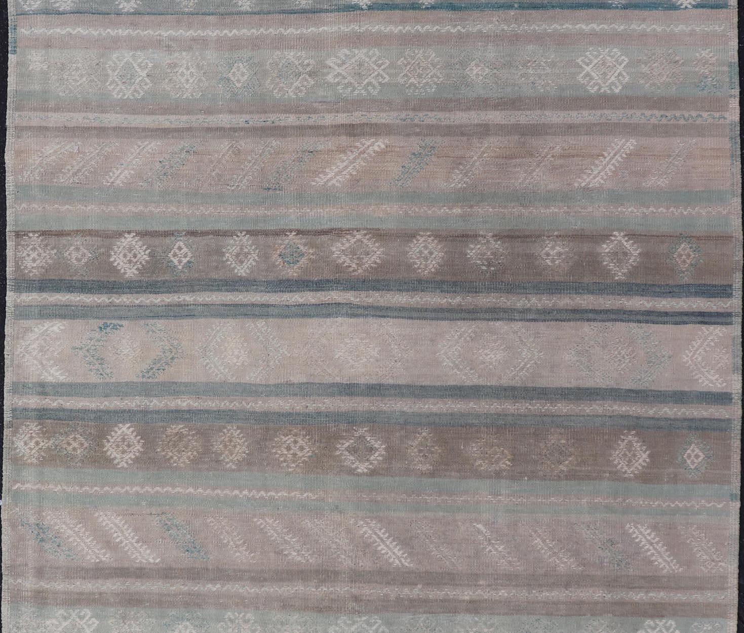 Vintage Turkish Kilim Rug In Soft Pastel Stripes and Geometric Patten 5'3 x 9'9 For Sale 2