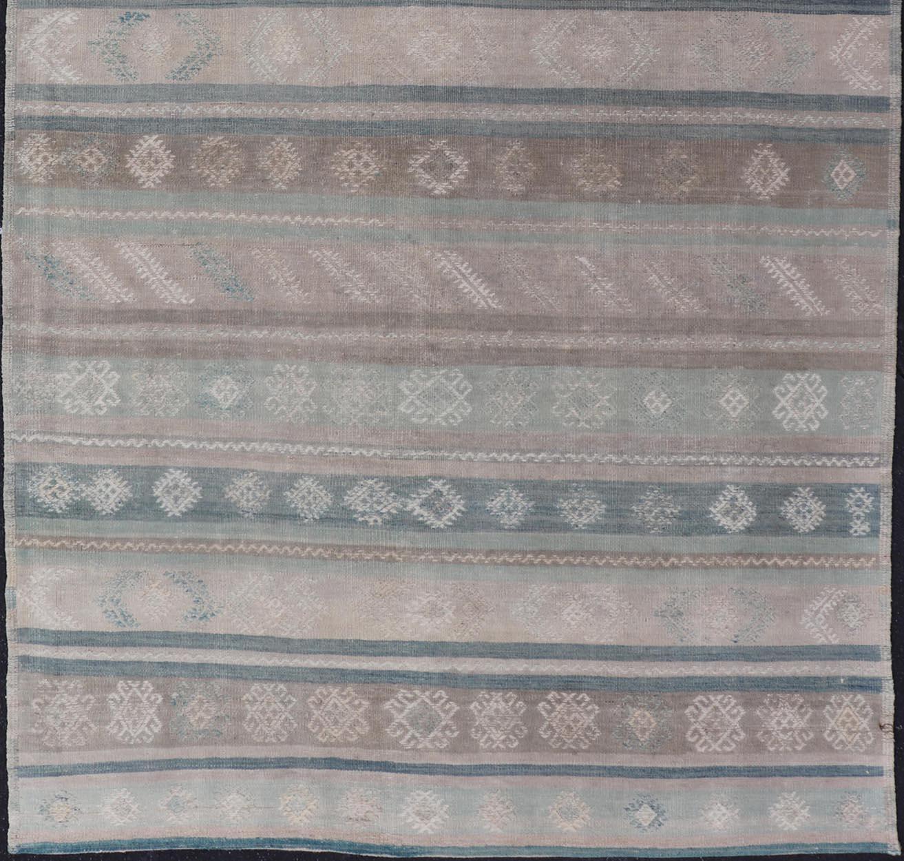 Vintage Turkish Kilim Rug In Soft Pastel Stripes and Geometric Patten 5'3 x 9'9 For Sale 3