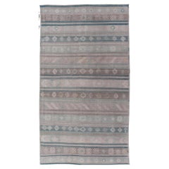 Vintage Turkish Kilim Rug In Soft Pastel Stripes and Geometric Patten 5'3 x 9'9