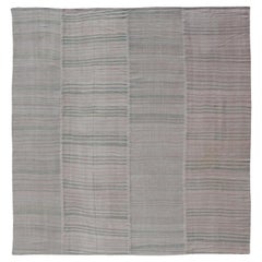 Vintage Turkish Kilim Rug in Soft Sage, Pale Taupe, and Faded Sand Stripes