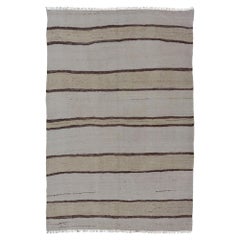 Vintage Turkish Kilim Rug Ivory Beige Brown Striped Wool Flatweave