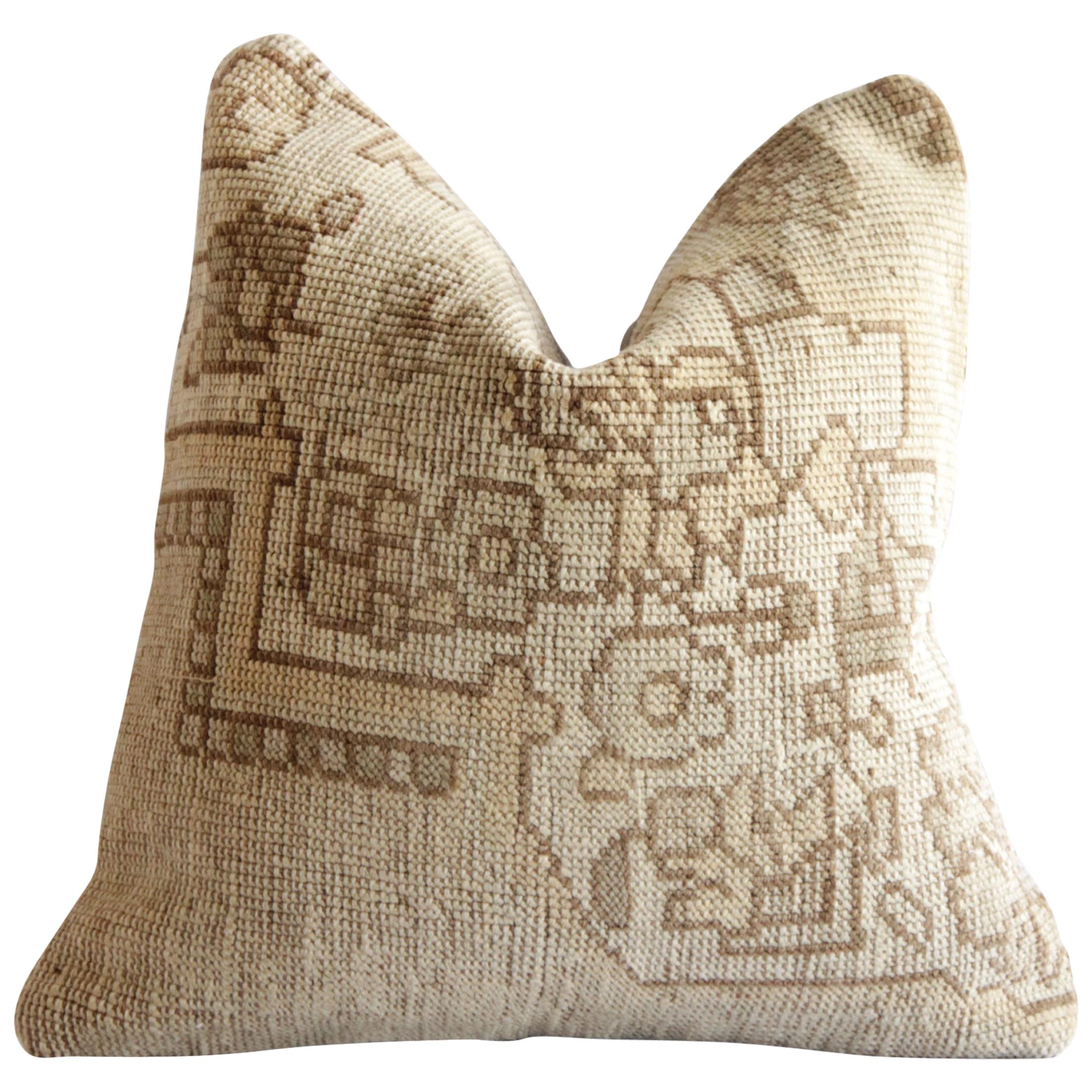 Vintage Turkish Kilim Rug Pillow with Flower Patterns in Natural