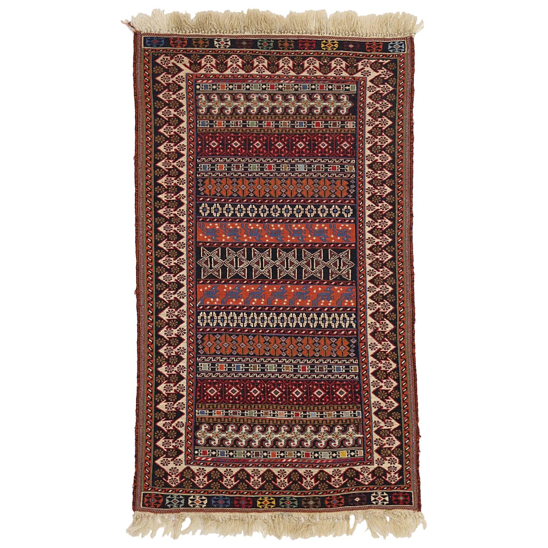 Vintage Turkish Kilim Rug, Small Flat-Weave Rug with Boho Chic Tribal Style