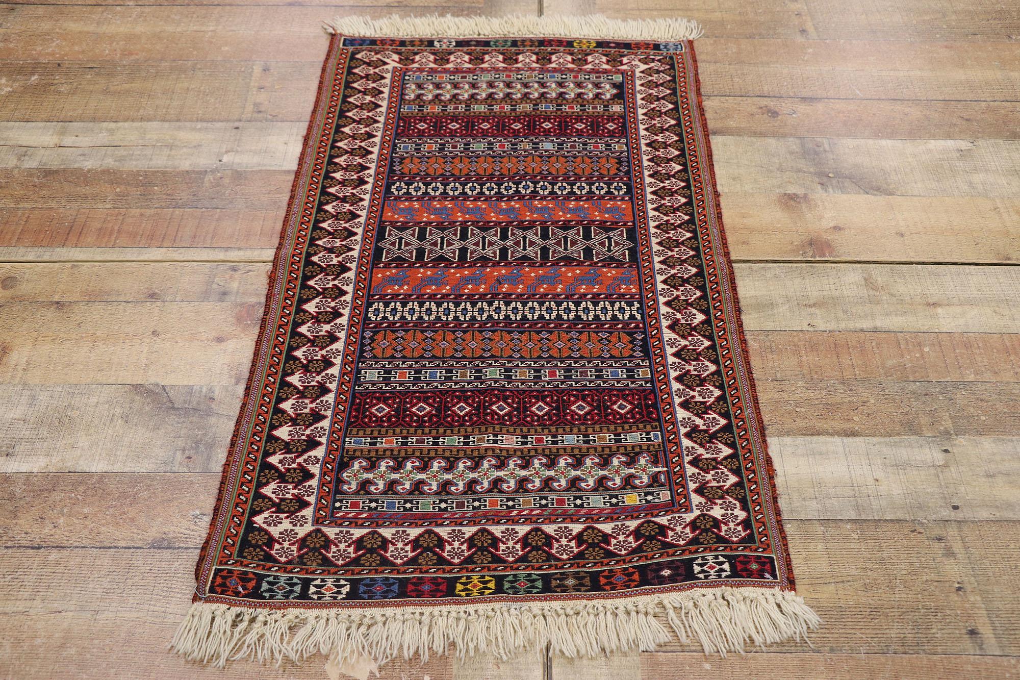 Wool Vintage Turkish Kilim Rug, Small Flat-Weave Rug with Boho Chic Tribal Style