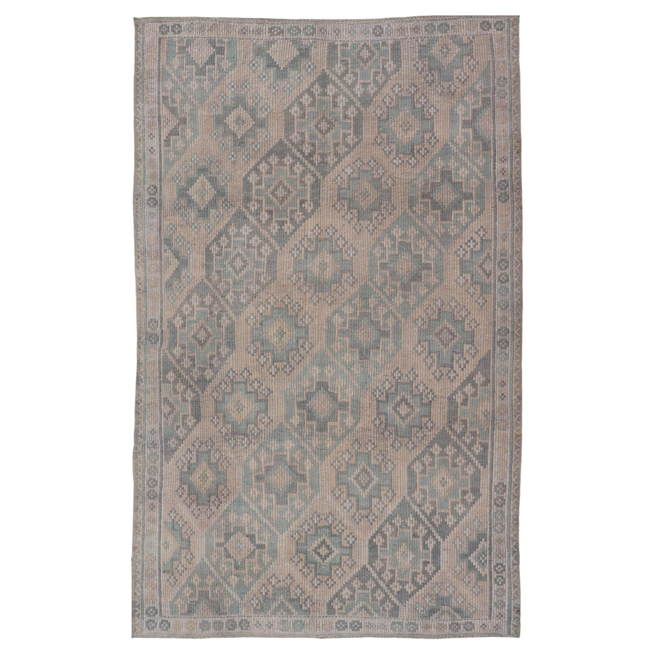Alfombra Turca Kilim Vintage Suave Teal y Beige Patrones Geométricos 5'9 x 9'8
