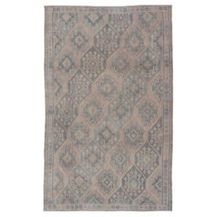 Vintage Turkish Kilim Rug Soft Teal and Beige Geometric Patterns 5'9 x 9'8