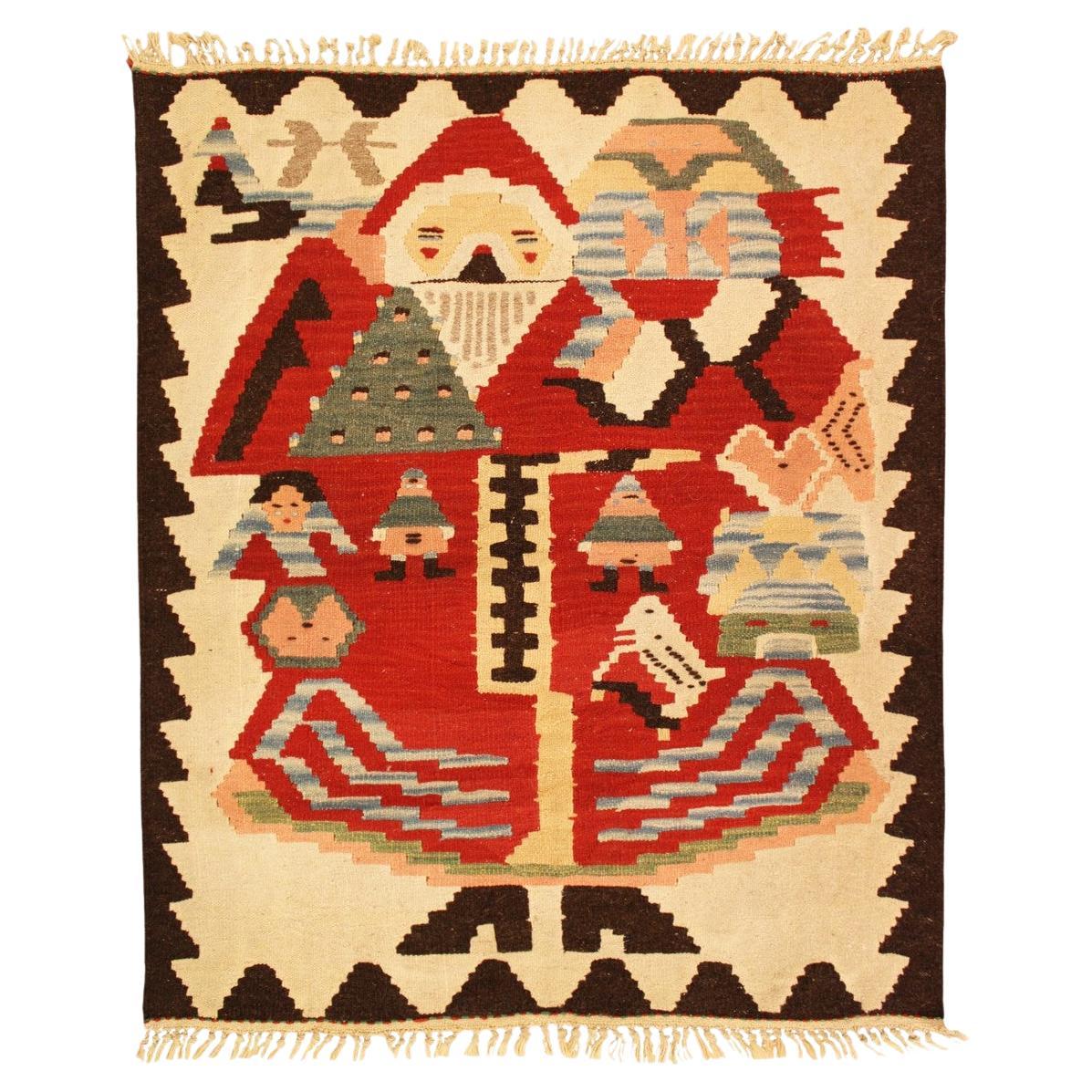 Rug & Kilim turco vintage con disegno 'Baba Noel' e motivo stilizzato 'Babbo Natale'. in vendita