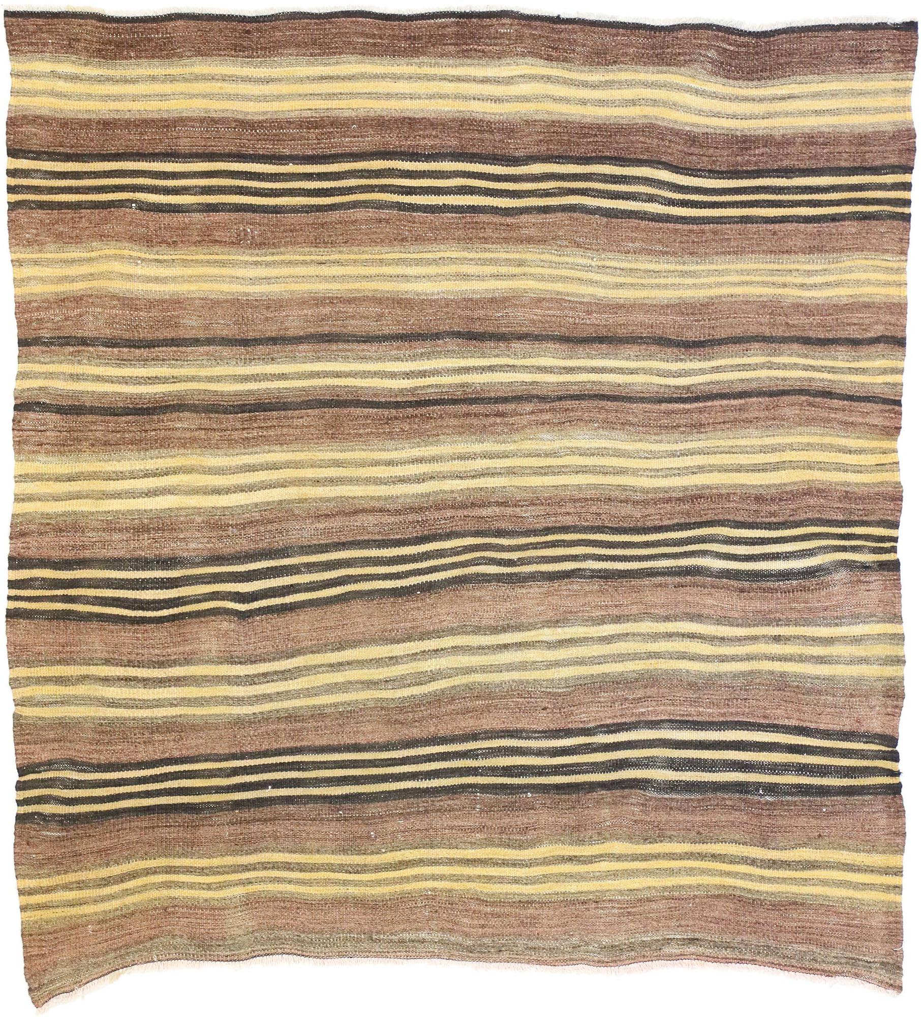 Türkischer Kelim-Teppich mit Bayadere-Streifen, flachgewebter, quadratischer Teppich 