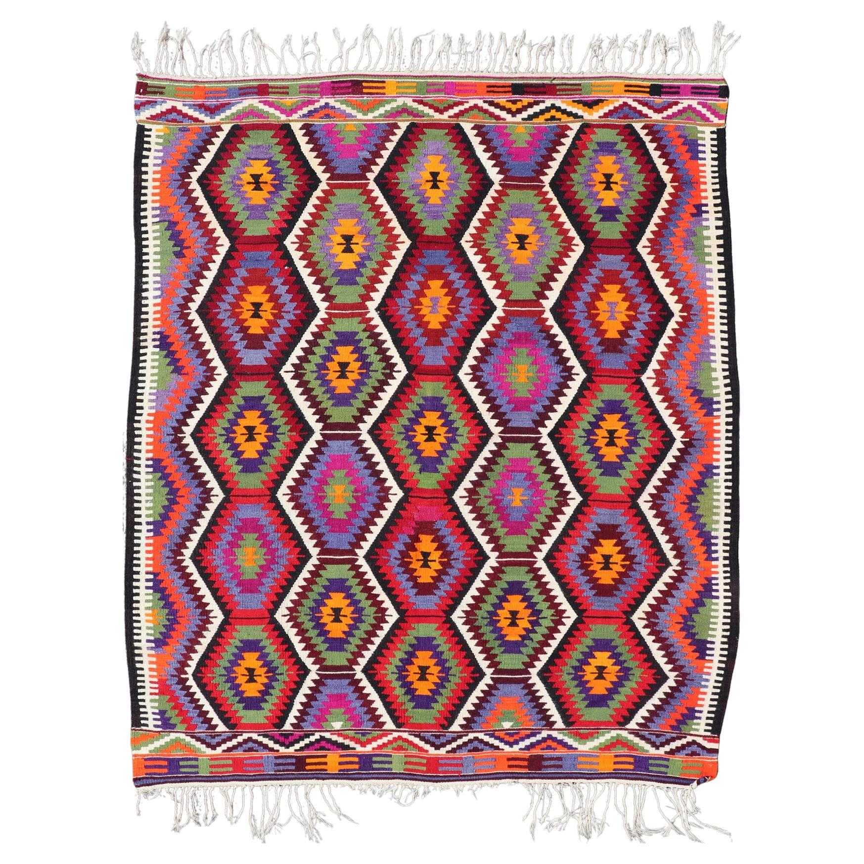 Vintage Turkish Kilim Rug with Bold Geometric Tribal Hexagon Motifs 6'0 x 7'8 For Sale