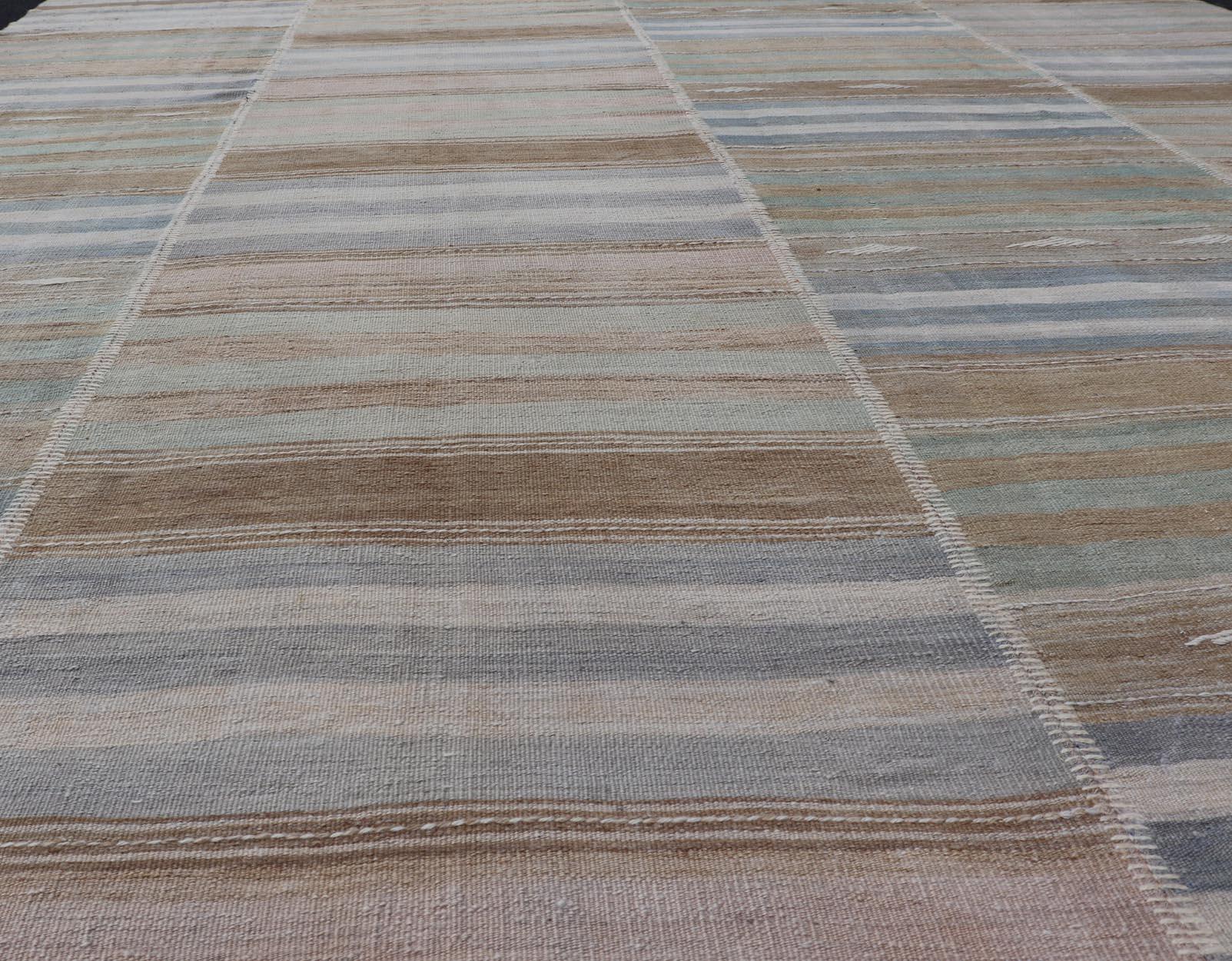 Vintage Turkish Kilim Rug With Colored Stripes and Subtle Pastel Tones 9'5