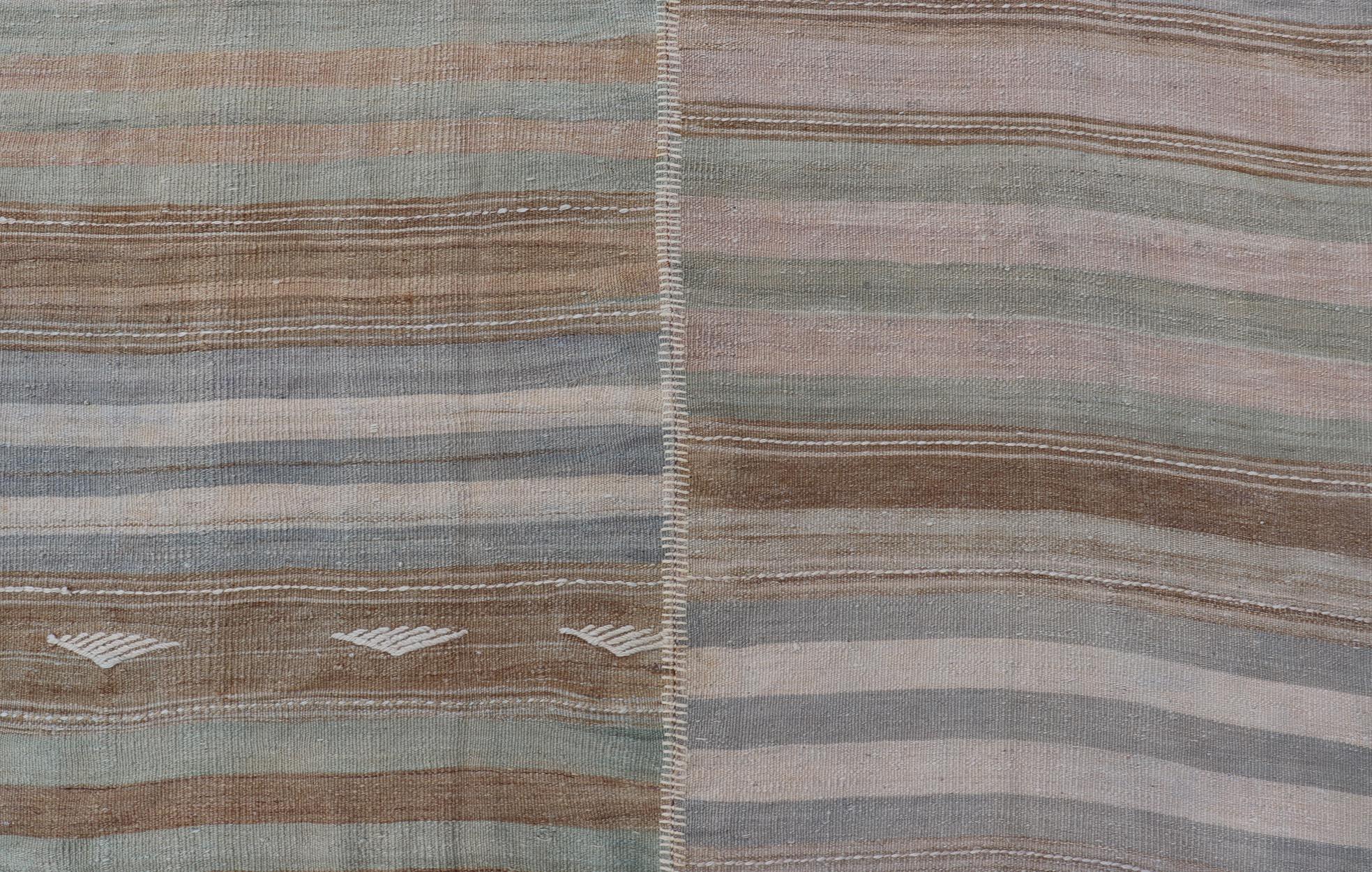 Vintage Turkish Kilim Rug With Colored Stripes and Subtle Pastel Tones 9'5