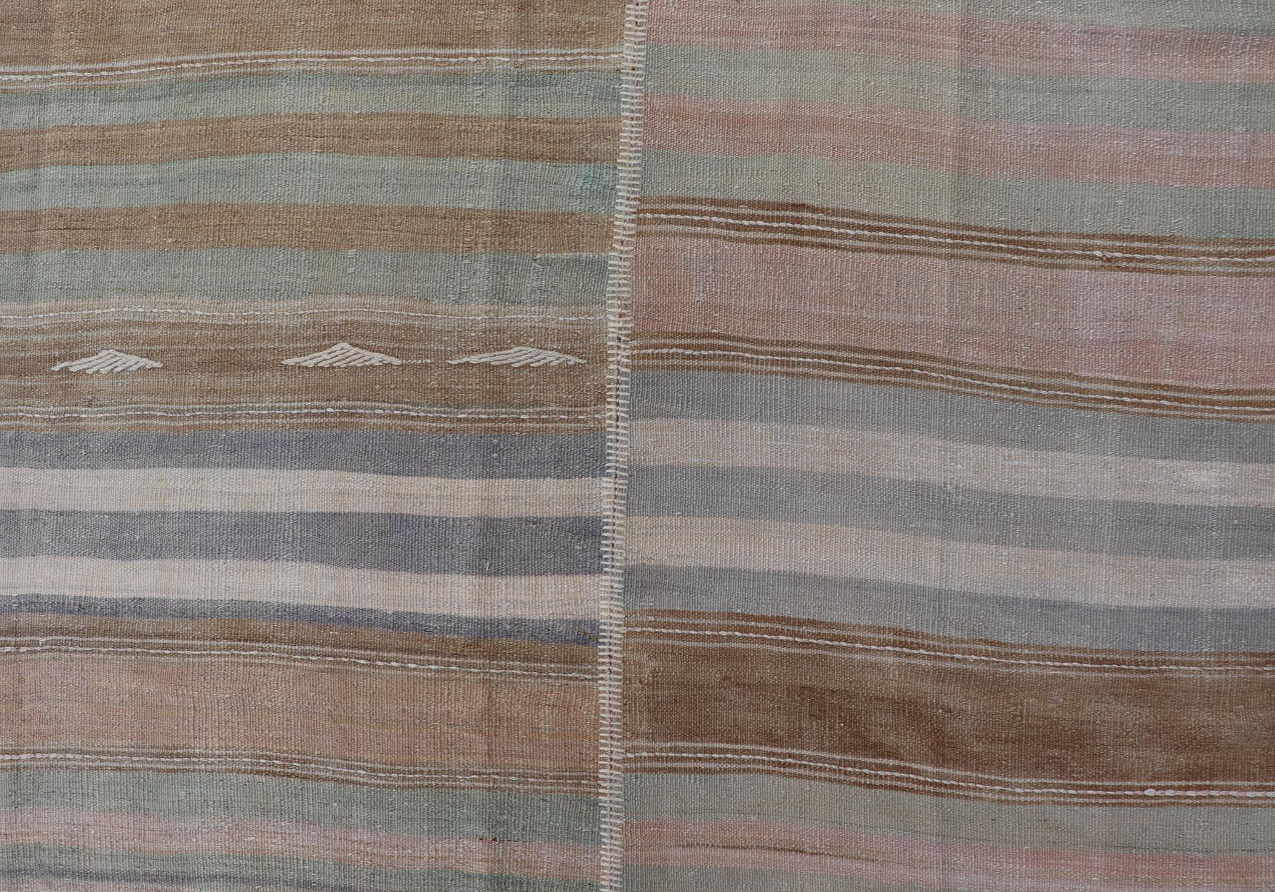 Vintage Turkish Kilim Rug With Colored Stripes and Subtle Pastel Tones 9'5