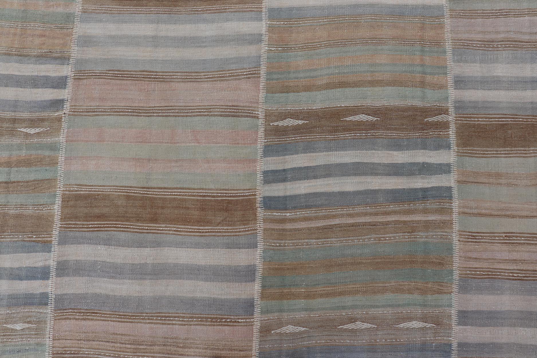 Vintage Turkish Kilim Rug With Colored Stripes and Subtle Pastel Tones 9'5