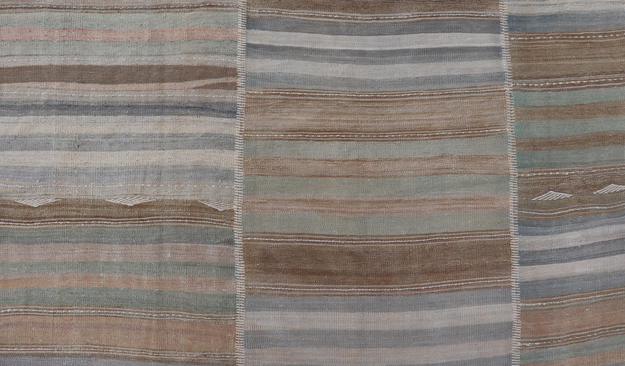 Vintage Turkish Kilim Rug With Colored Stripes and Subtle Pastel Tones 9'5