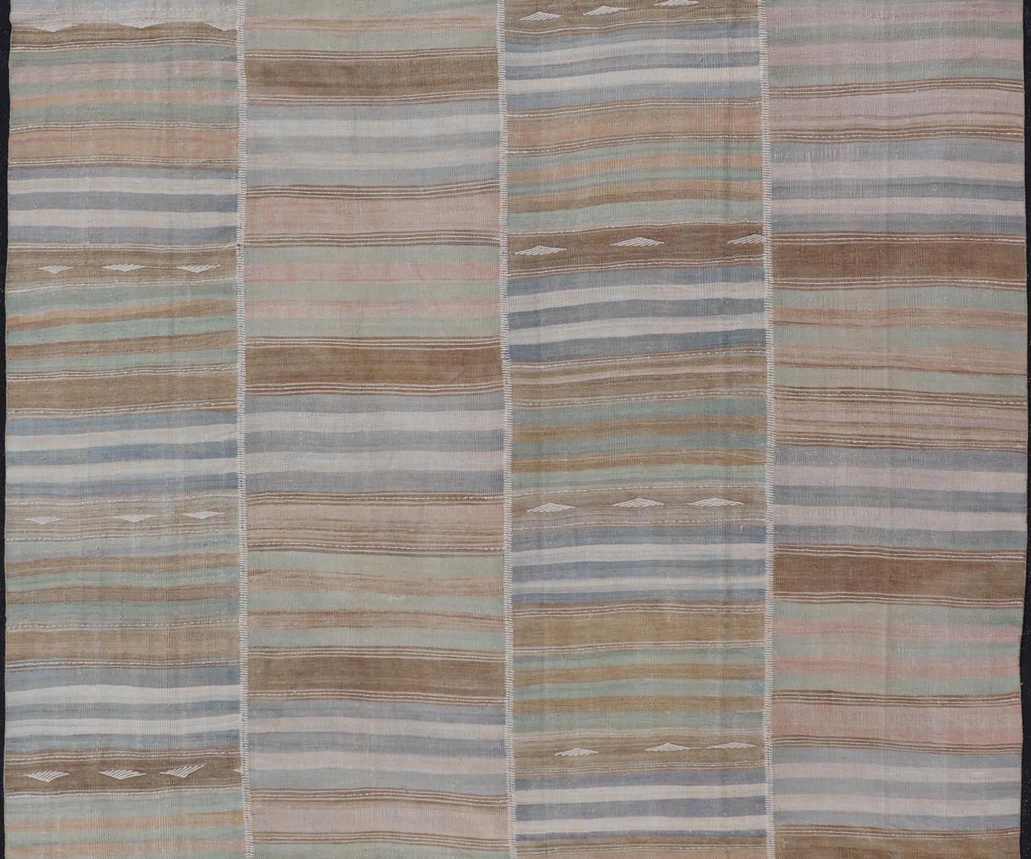 Hand-Woven Vintage Turkish Kilim Rug With Colored Stripes and Subtle Pastel Tones 9'5