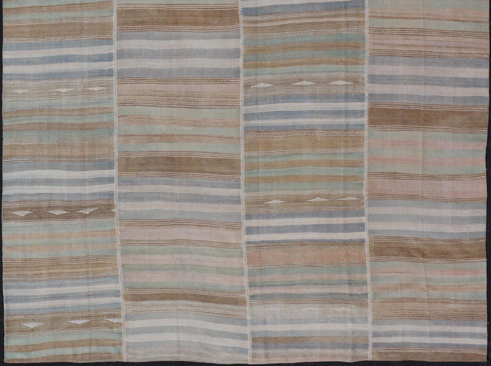 Vintage Turkish Kilim Rug With Colored Stripes and Subtle Pastel Tones 9'5