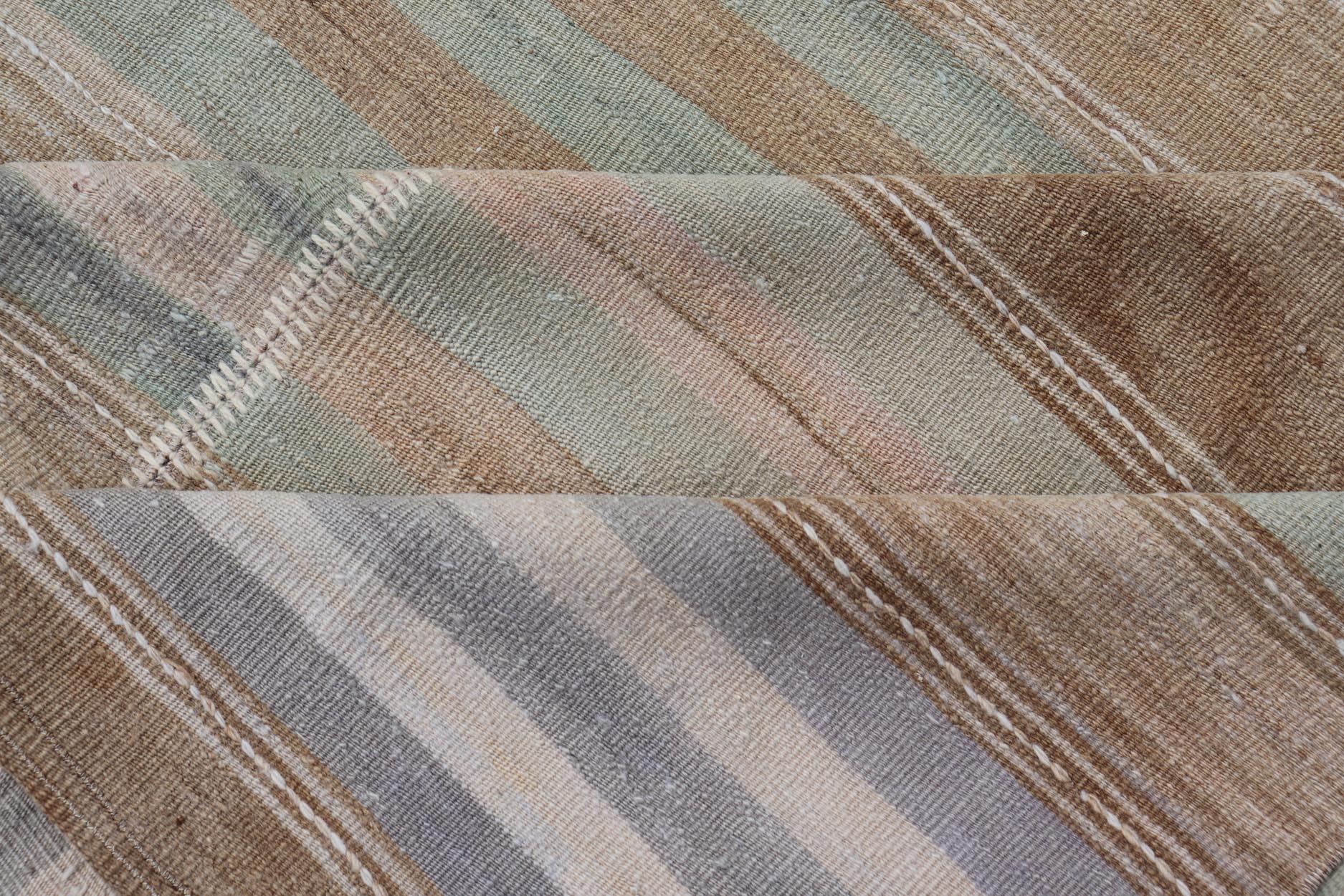Wool Vintage Turkish Kilim Rug With Colored Stripes and Subtle Pastel Tones 9'5