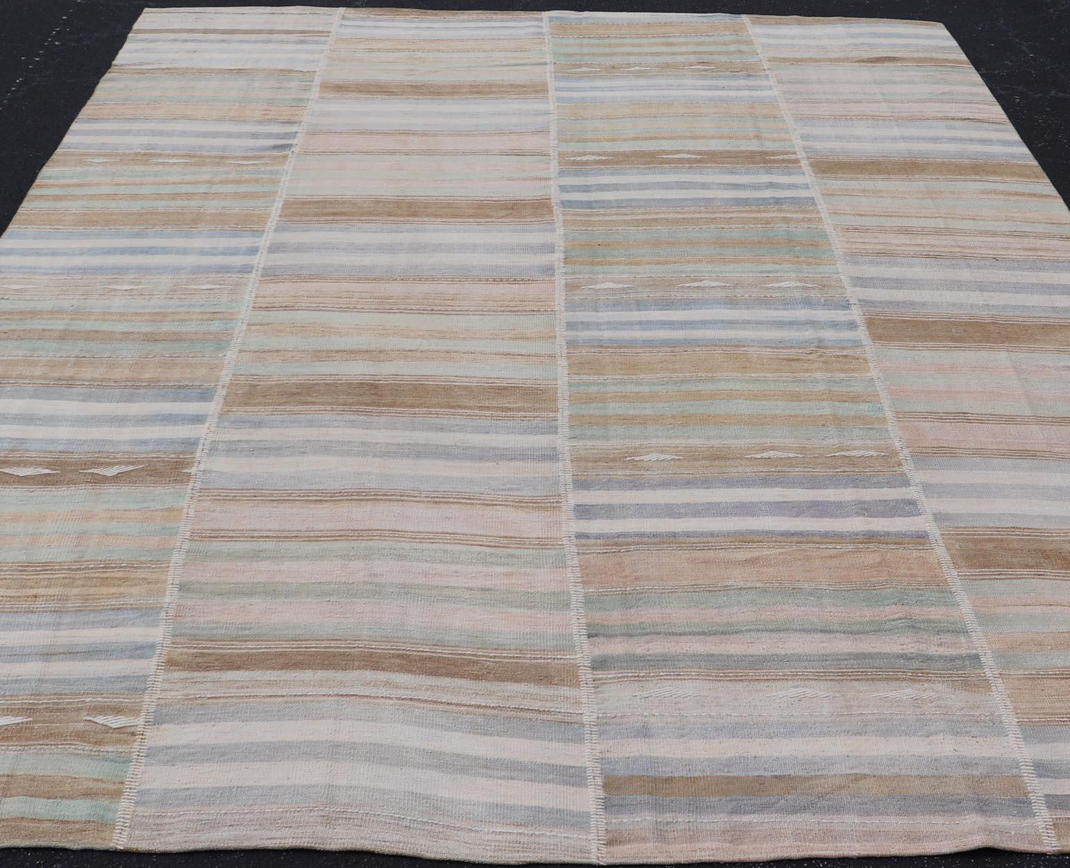 Vintage Turkish Kilim Rug With Colored Stripes and Subtle Pastel Tones 9'5