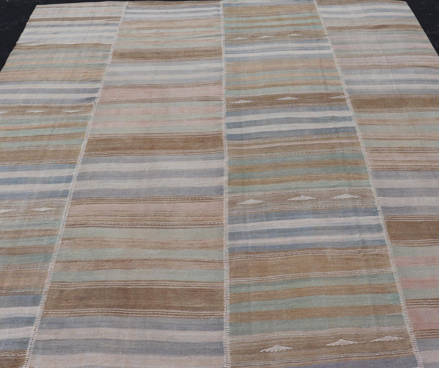 Vintage Turkish Kilim Rug With Colored Stripes and Subtle Pastel Tones 9'5