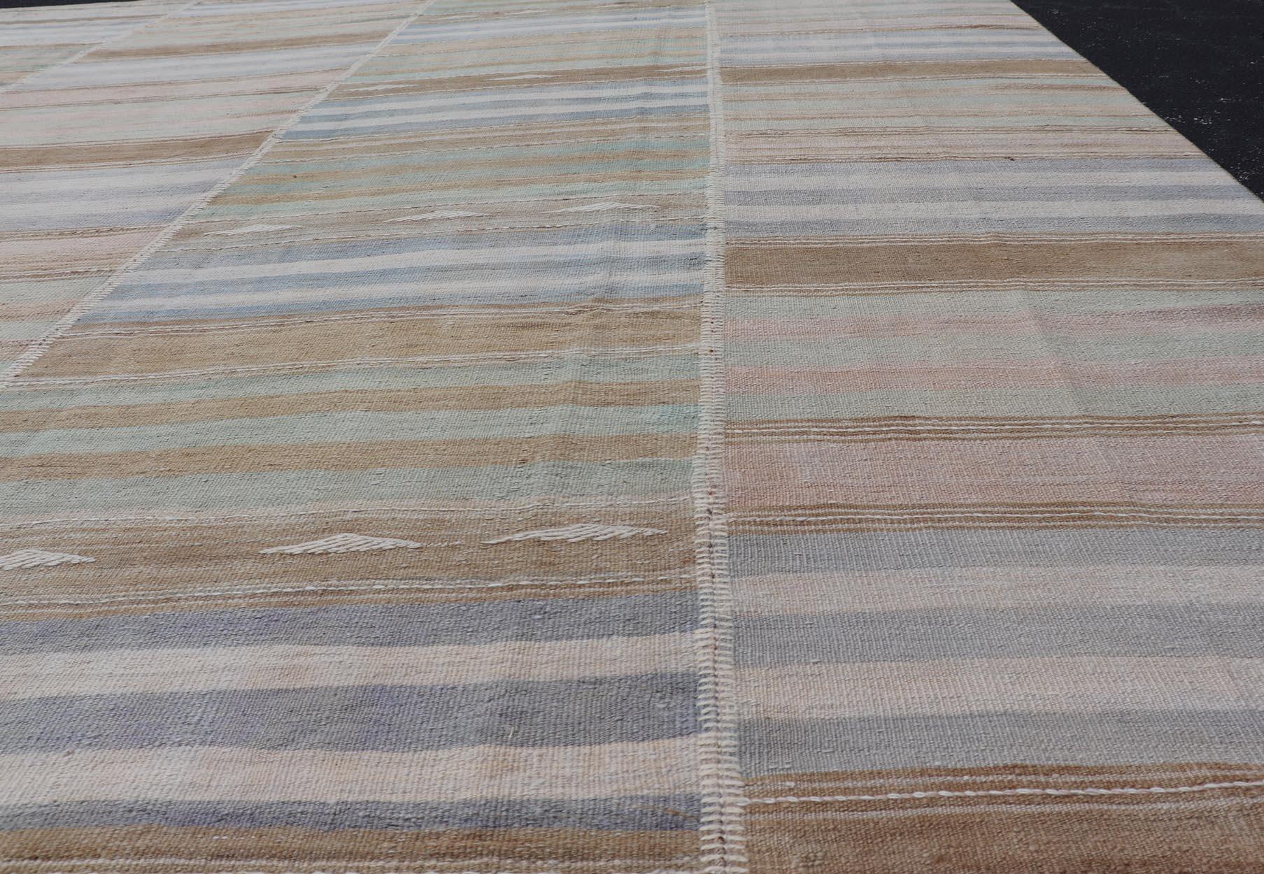 Vintage Turkish Kilim Rug With Colored Stripes and Subtle Pastel Tones 9'5
