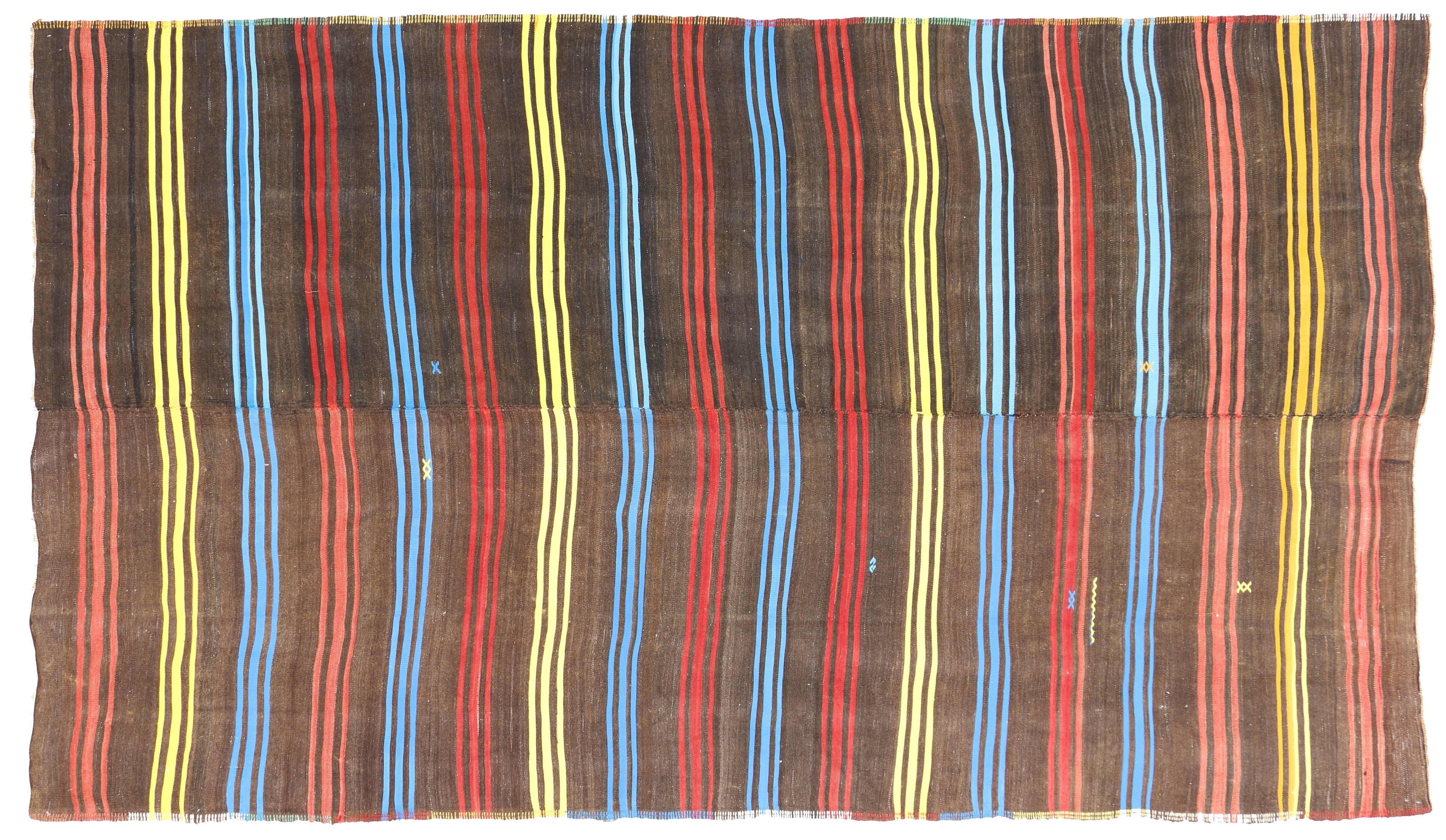 Vintage Turkish Kilim Rug with Colorful Bayadere Stripes with Modern Cabin Style For Sale 1