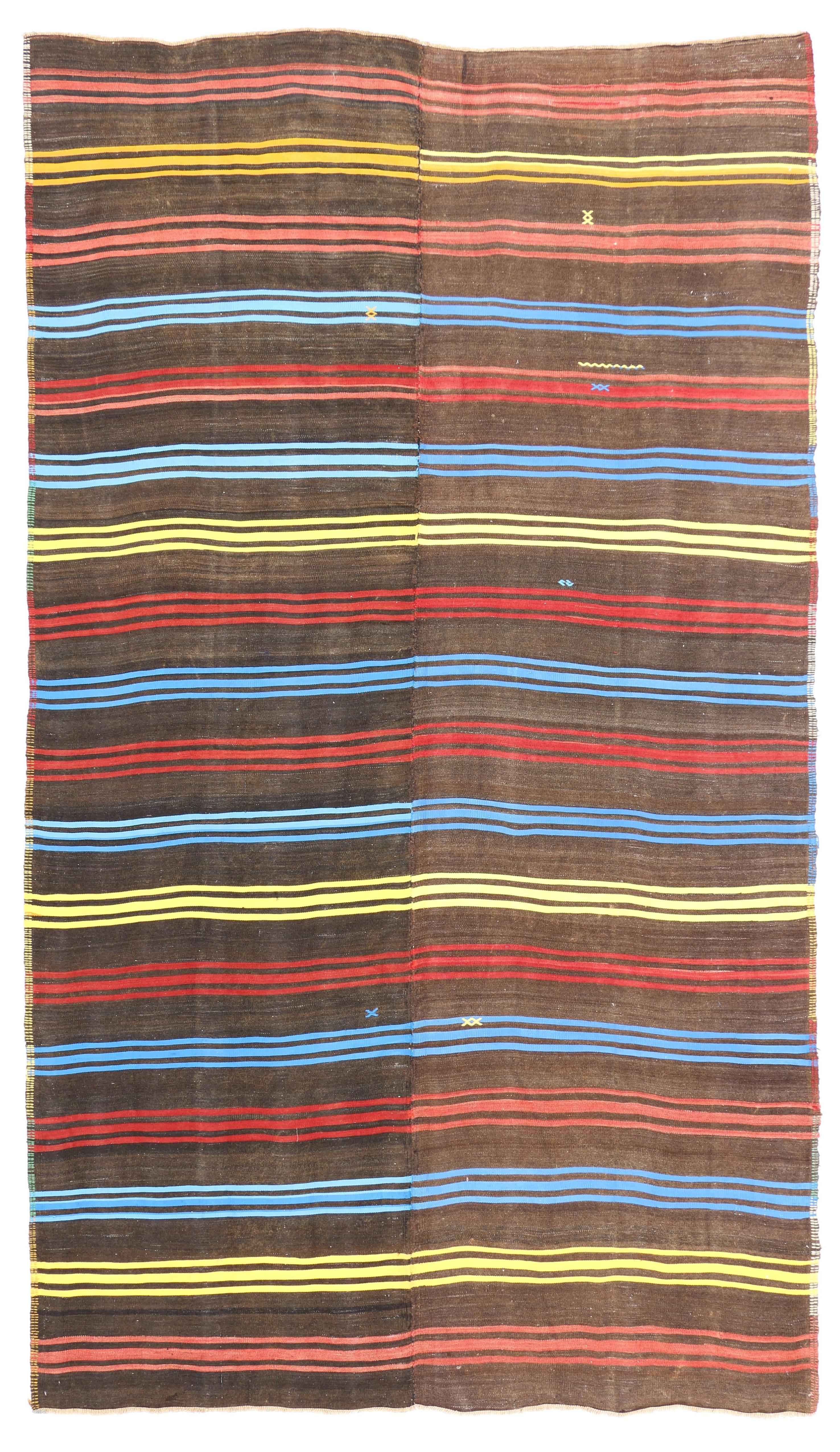 51072 Vintage Turkish Kilim Rug with Colorful Bayadere Stripes with Modern Cabin Style. Create a comfortable and modern setting with this hand-woven wool vintage Turkish Kilim rug. The flat-weave kilim rug features a variety of colorful Bayadere