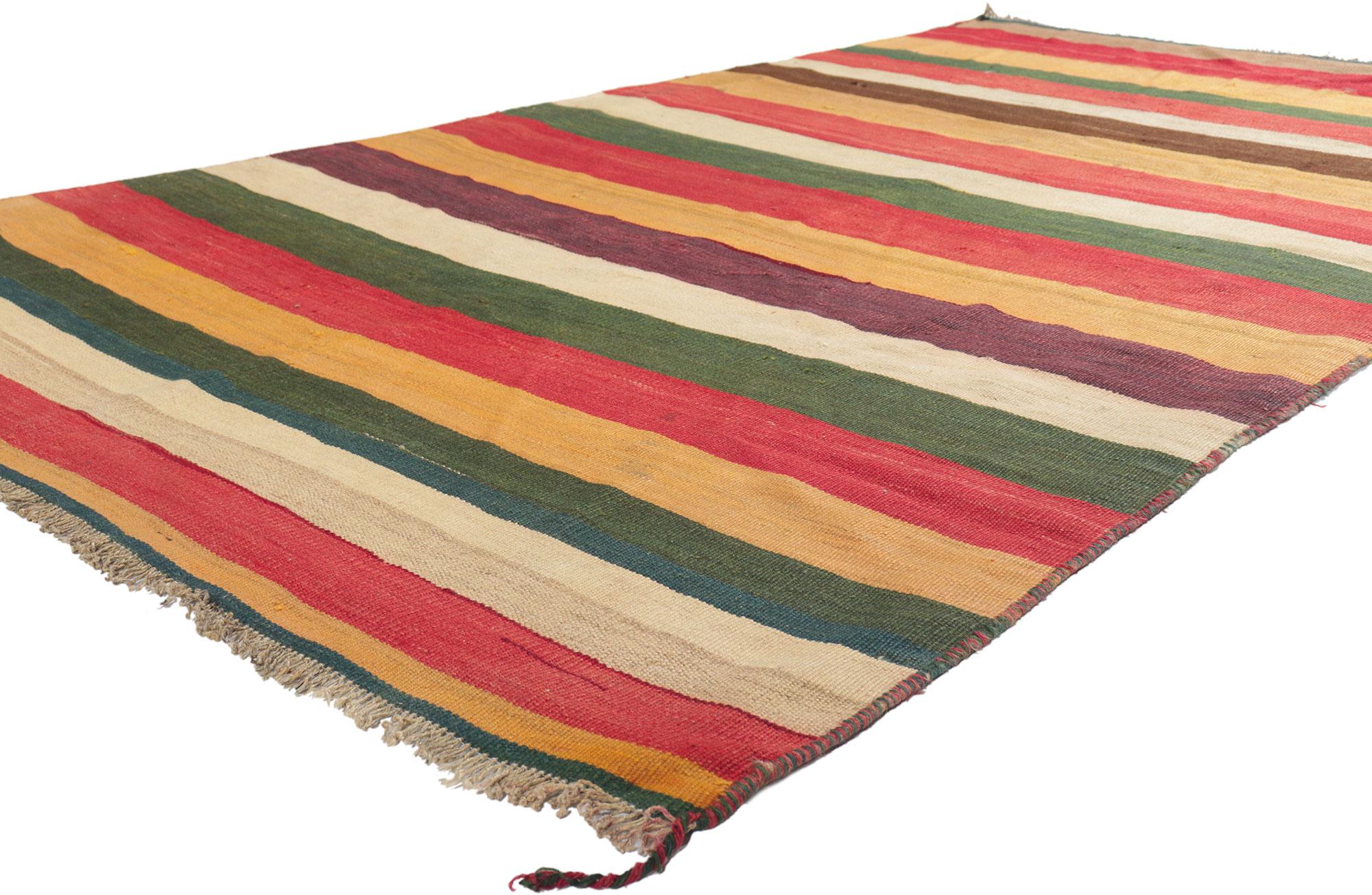 61216 Vintage Turkish Kilim Rug with Stripes, 05'03 x 09'01. With its bold linear design, incredible detail and texture, this handwoven Turkish kilim rug is a captivating vision of woven beauty. The eye-catching striped pattern and lively colors