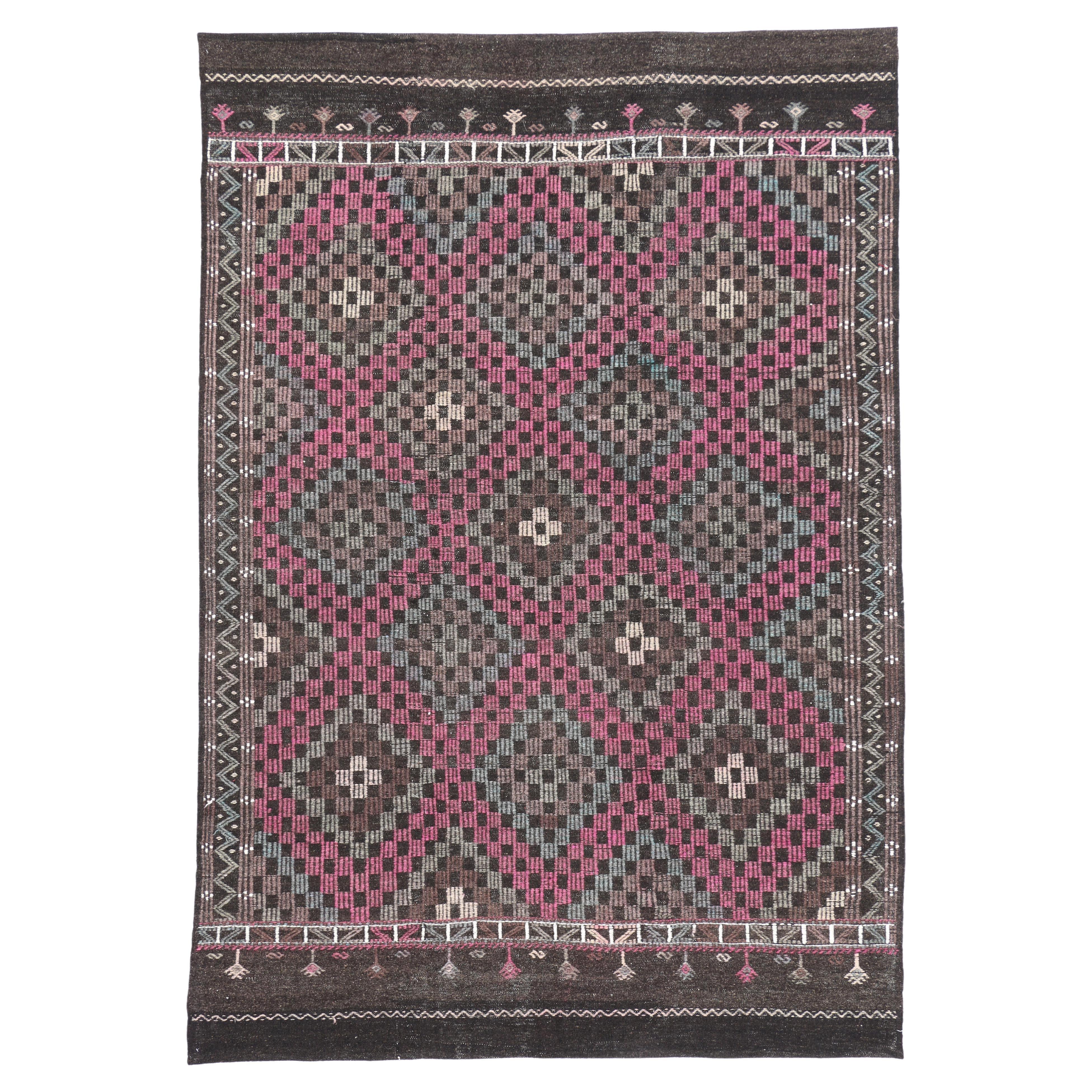 Tapis Kilim turc vintage avec style industriel féminin, tapis Kilim tissé à plat en vente