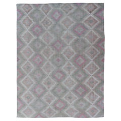 Alfombra Kilim Turca Vintage con Diseño Geométrico de Diamantes en Verde y Rosa 8 x 11