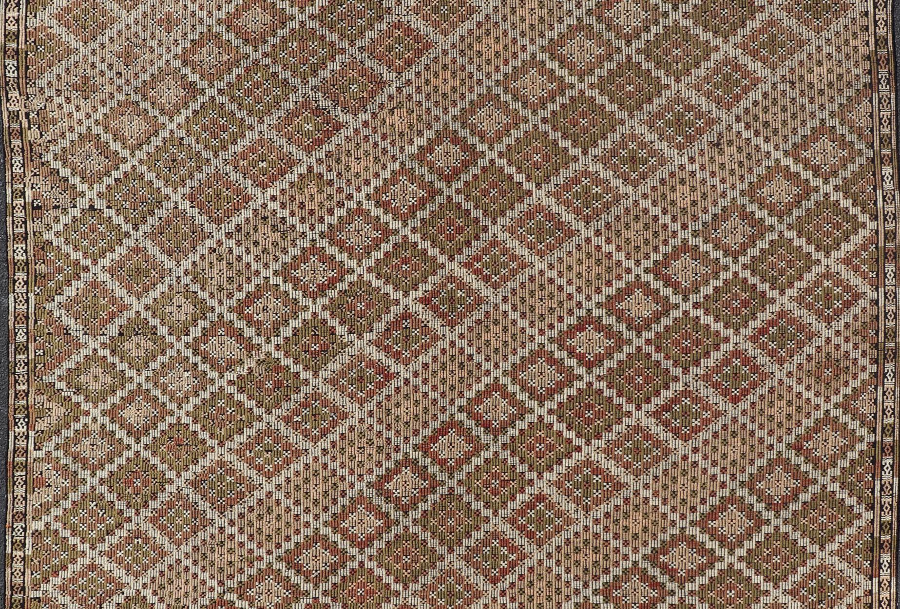 Laine Tapis Kilim turc vintage avec motifs géométriques de diamants 7'6 x 9'0 en vente