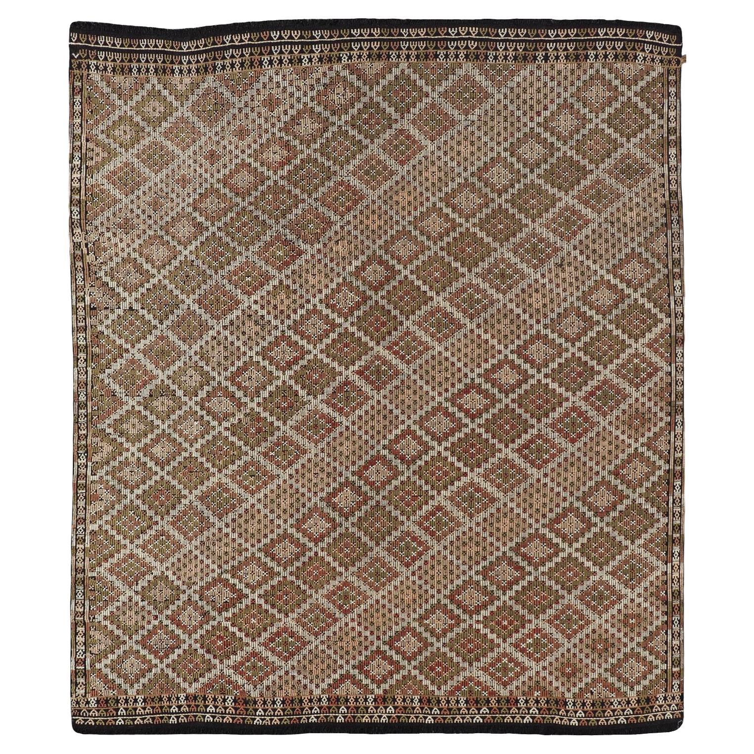 Vintage Turkish Kilim Rug with Geometric Diamond Patterns 7'6 x 9'0