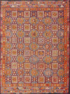 Türkischer Vintage-Kilim-Teppich mit geometrischen Motiven und lebendigen Farben 6'0 x 8'4