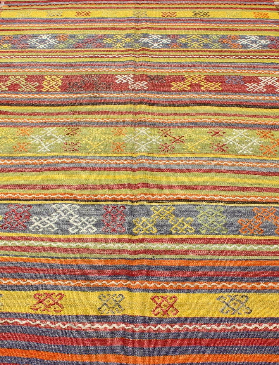 Vintage Turkish Kilim Rug with Geometric Shapes and Colorful Horizontal Stripes For Sale 4