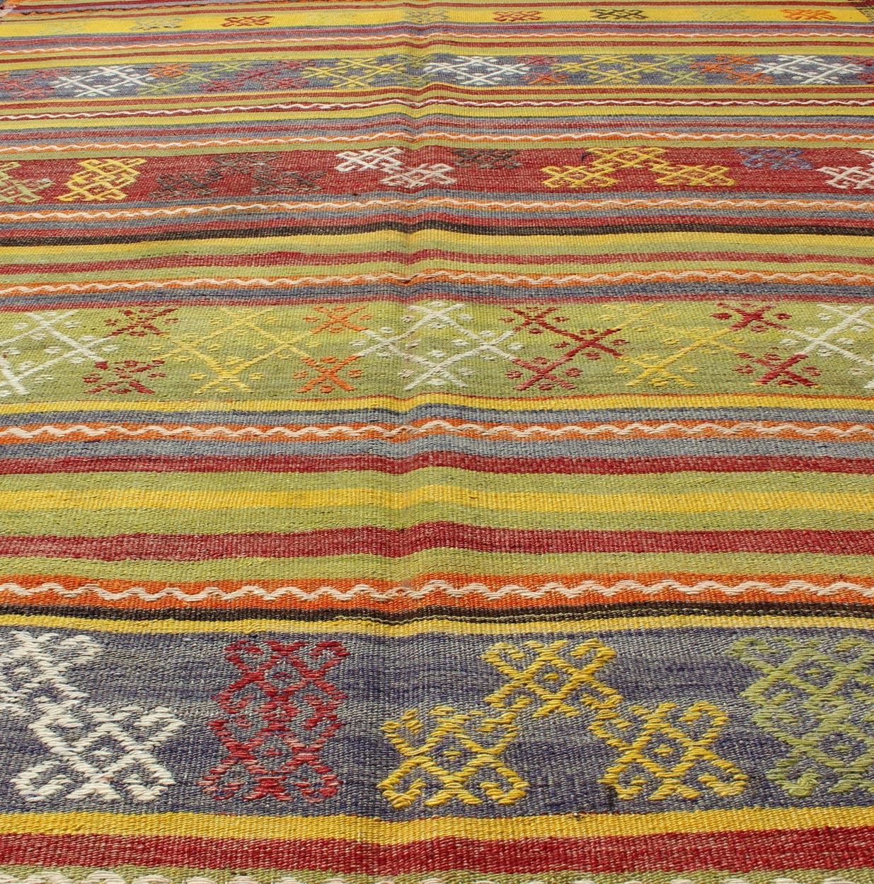 Vintage Turkish Kilim Rug with Geometric Shapes and Colorful Horizontal Stripes For Sale 5