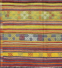Vintage Turkish Kilim Rug in Yellow, Red, Green, and Blue with Tribal Motifs