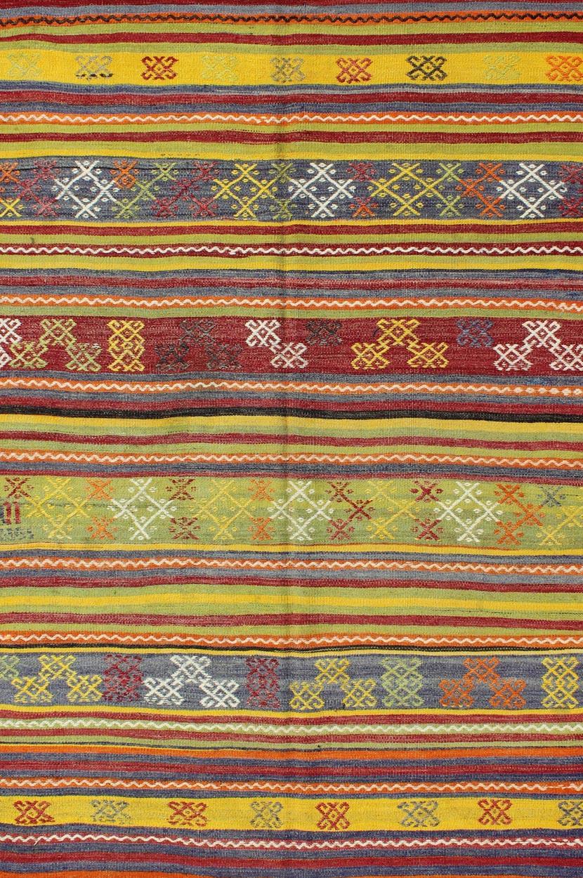 Hand-Knotted Vintage Turkish Kilim Rug with Geometric Shapes and Colorful Horizontal Stripes For Sale