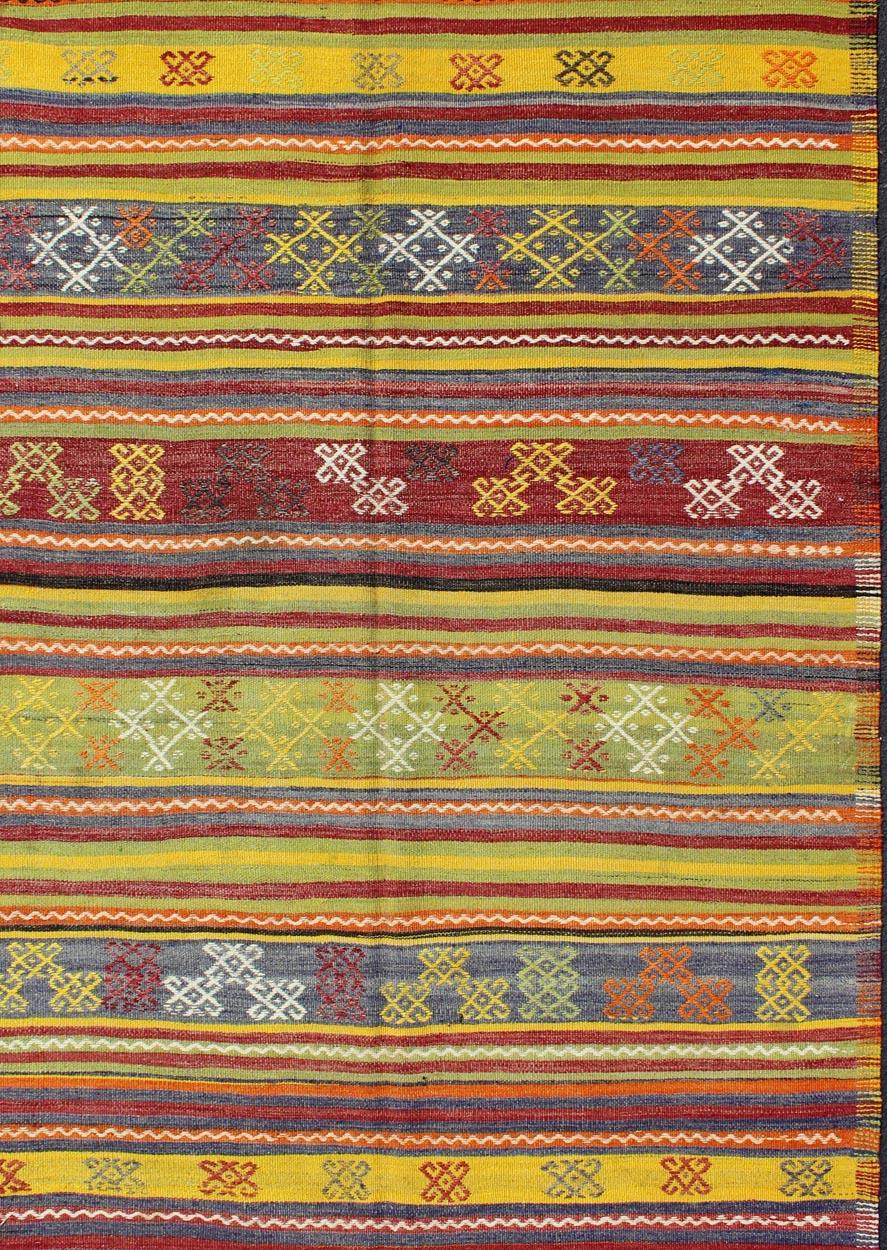 Vintage Turkish Kilim Rug with Geometric Shapes and Colorful Horizontal Stripes In Good Condition For Sale In Atlanta, GA