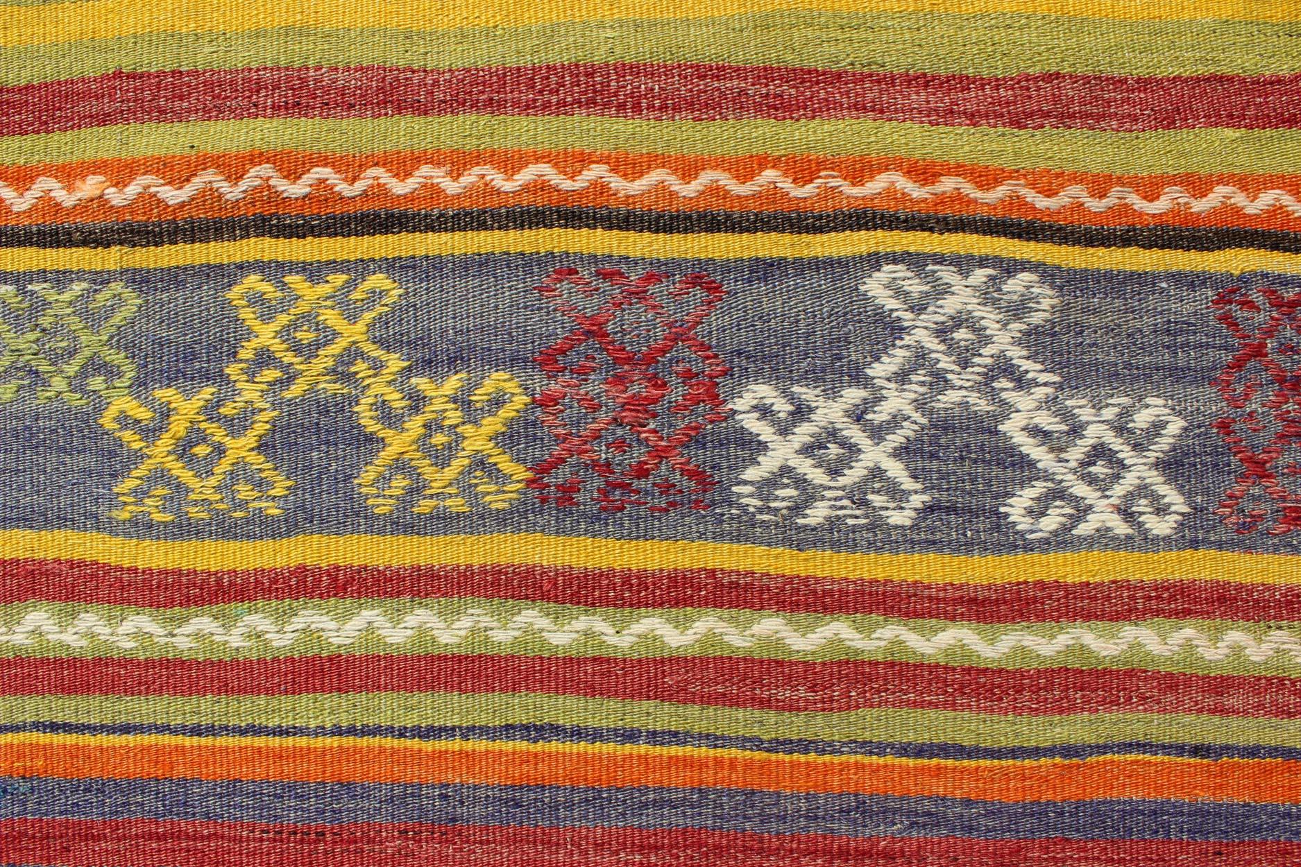 Vintage Turkish Kilim Rug with Geometric Shapes and Colorful Horizontal Stripes For Sale 2