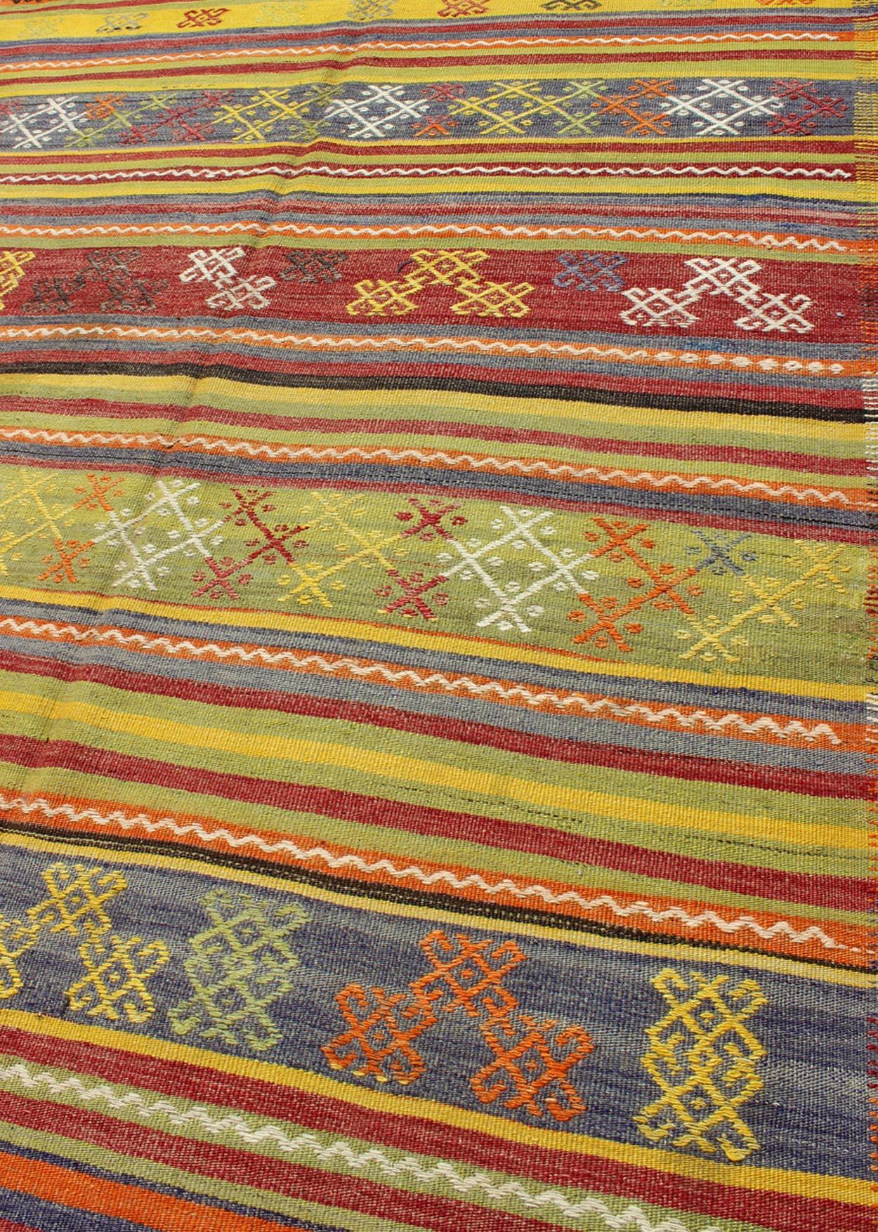 Vintage Turkish Kilim Rug with Geometric Shapes and Colorful Horizontal Stripes For Sale 3