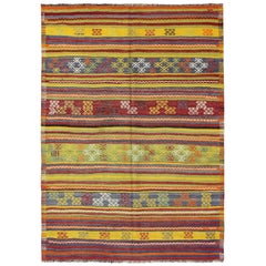 Vintage Turkish Kilim Rug with Geometric Shapes and Colorful Horizontal Stripes