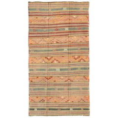 Retro Turkish Kilim Rug with Geometric Shapes and Colorful Stripes