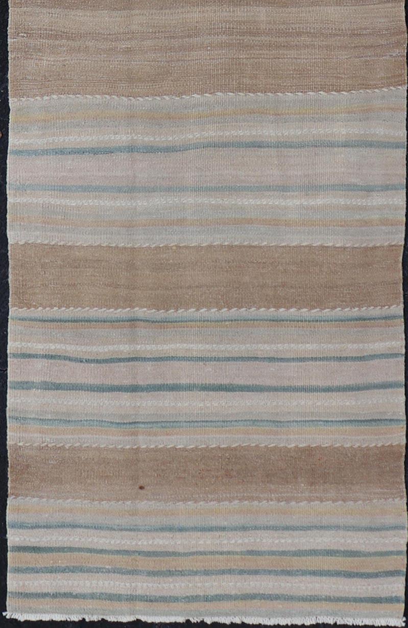Vintage Kilim with stipes in light brown, blue, taupe, Vintage Kilim Rug, Keivan Woven Arts rug EN-P13913, country of origin / type: Turkey / Kilim, circa Mid-20th Century.

Measures: 2'3 x 8'3.