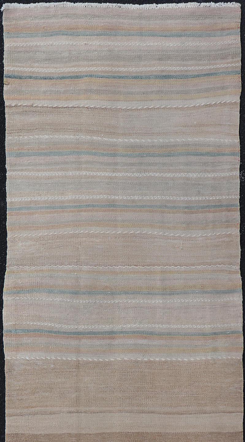 Hand-Woven Vintage Turkish Kilim Rug with Horizontal Stipes in Light Brown, Blue, Taupe For Sale